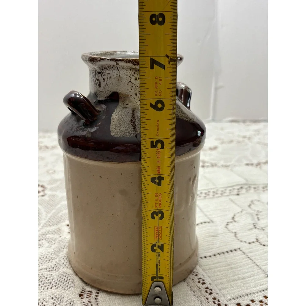 Vintage Enesco Stoneware Milk Jug Vase Brown Drip Glaze Farmhouse Decor 6.5